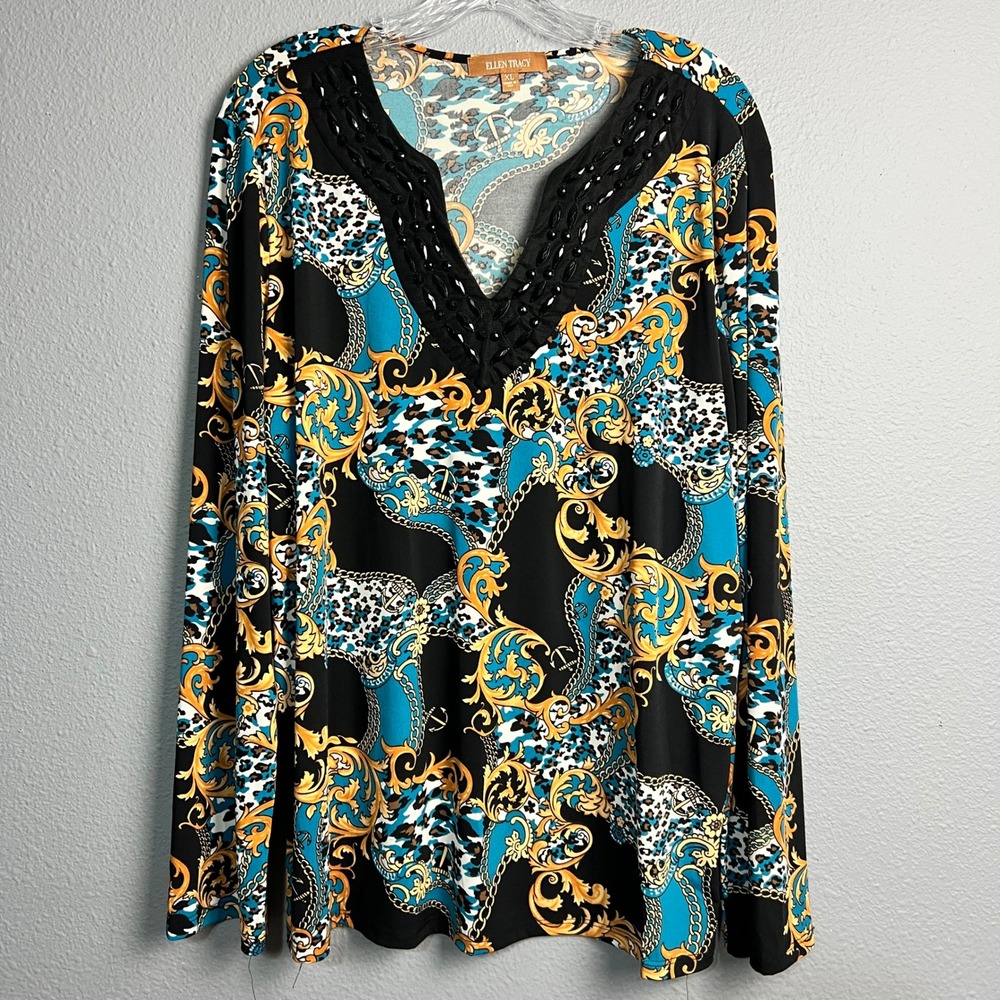 Ellen Tracy Baroque Print Leopard Chain Tunic Top L/SL Embellished V Neck XL